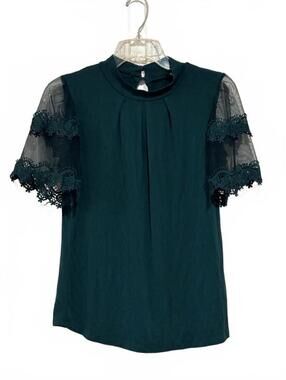 Willow Young Contemporary Green Blouse with Lace Mesh Sleeves Size L